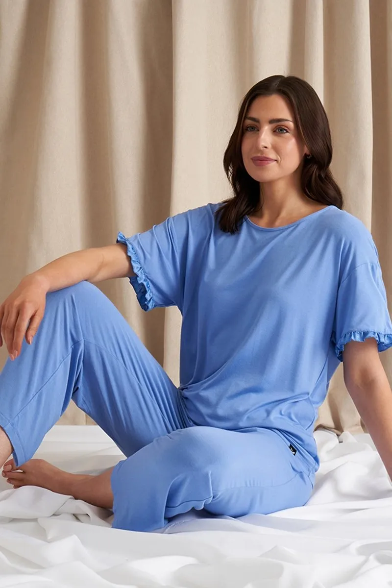 Bamboo Frill Tee Trouser Set in Cornflower Blue