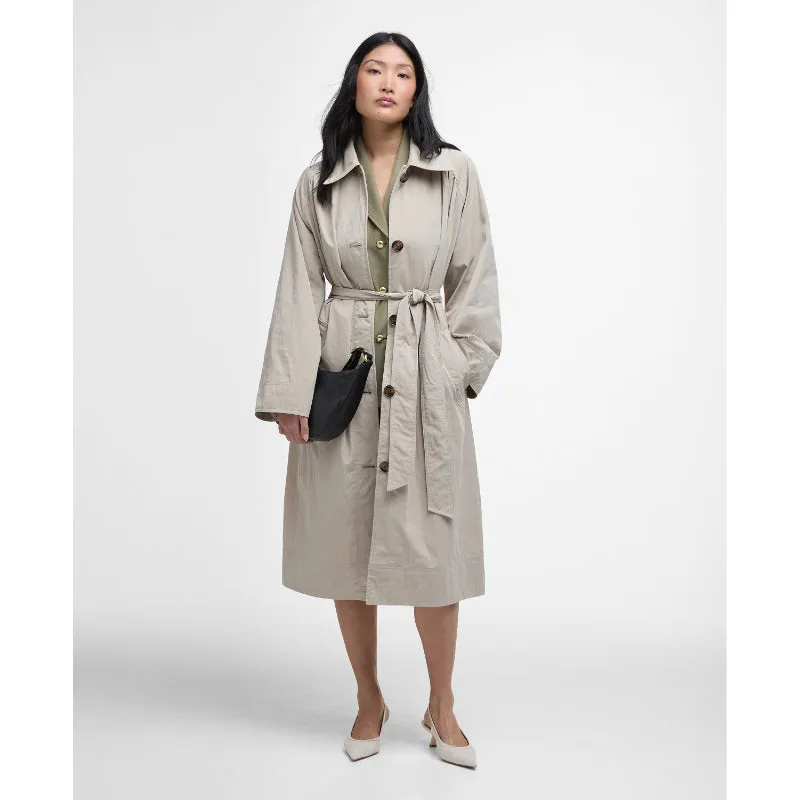 Barbour Garbo Ladies Showerproof Trench Coat - Light Sand/Rosemary Tartan