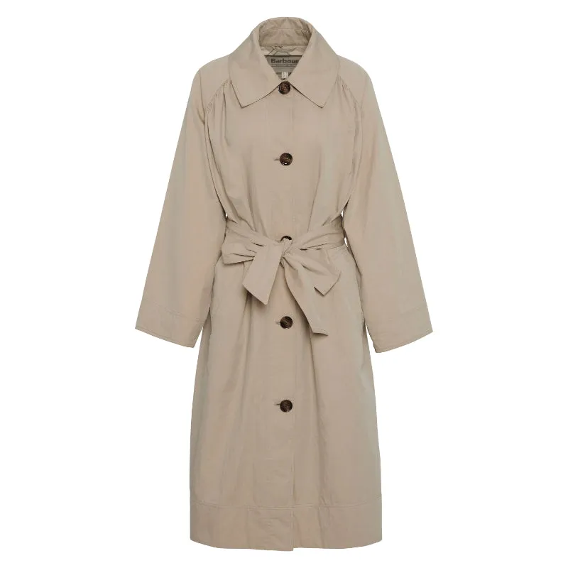 Barbour Garbo Ladies Showerproof Trench Coat - Light Sand/Rosemary Tartan