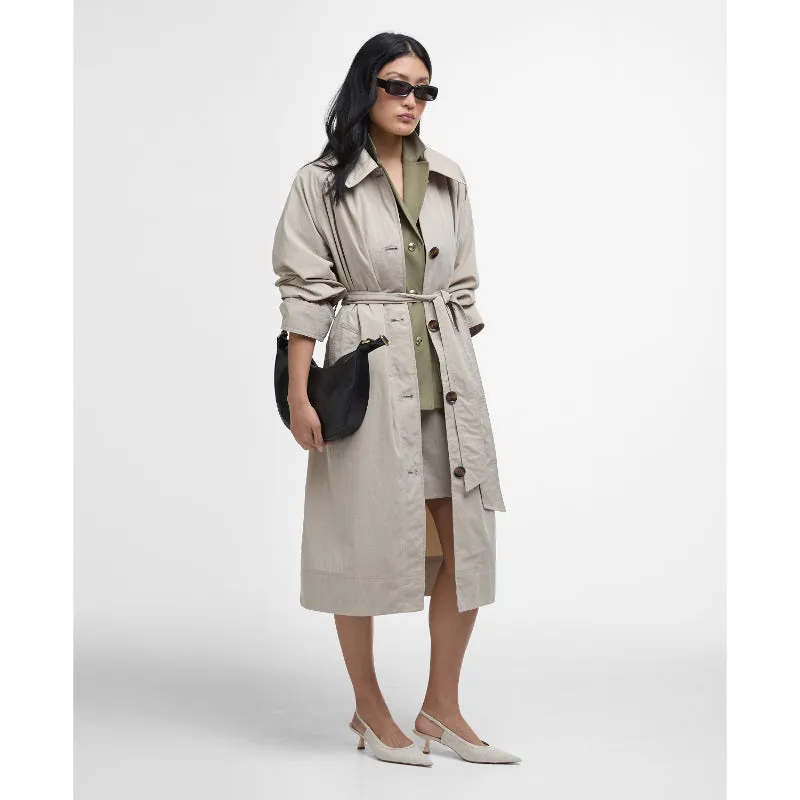 Barbour Garbo Ladies Showerproof Trench Coat - Light Sand/Rosemary Tartan