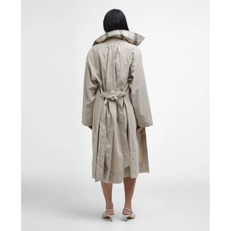 Barbour Garbo Ladies Showerproof Trench Coat - Light Sand/Rosemary Tartan