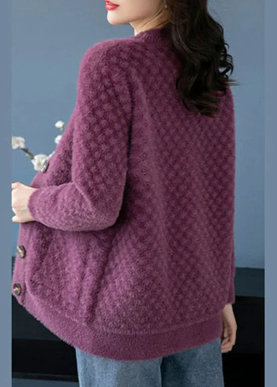 Beautiful Purple V Neck Pockets Patchwork Mink Hair Knitted Coats Fall LY9186