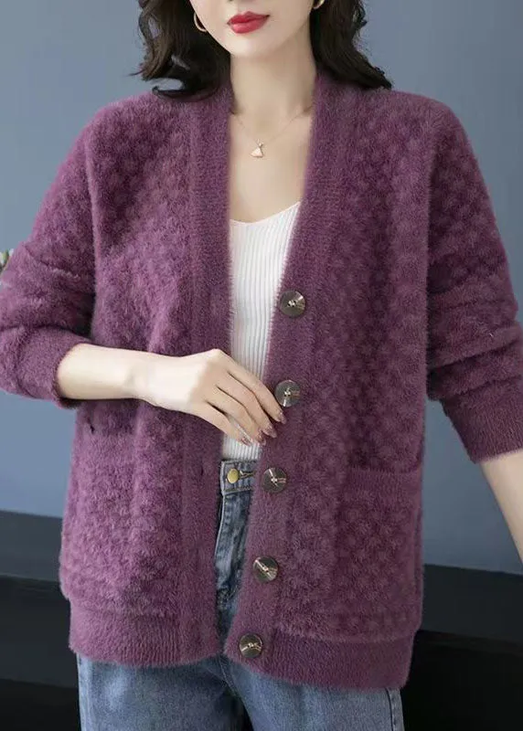 Beautiful Purple V Neck Pockets Patchwork Mink Hair Knitted Coats Fall LY9186