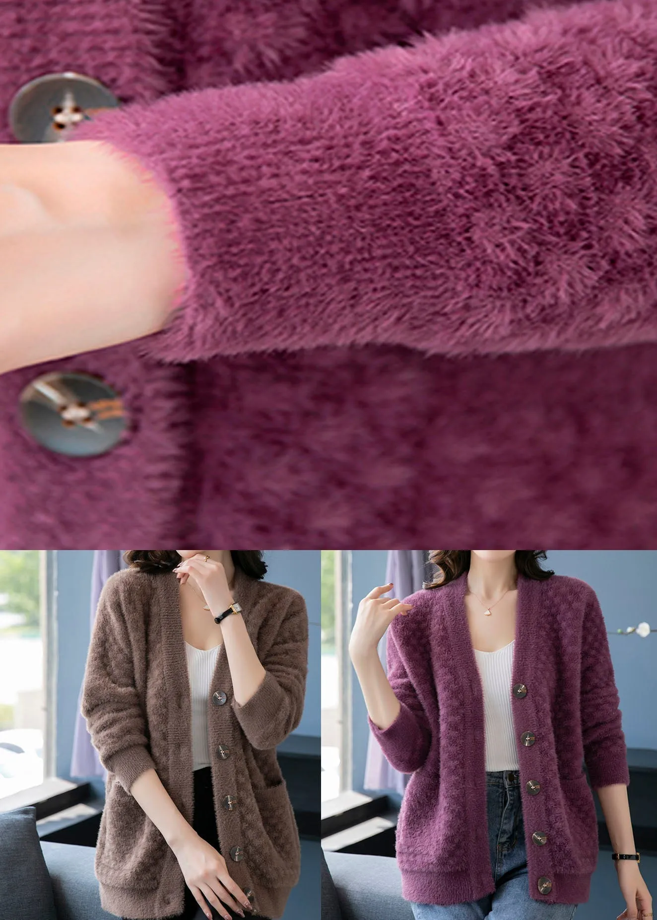 Beautiful Purple V Neck Pockets Patchwork Mink Hair Knitted Coats Fall LY9186