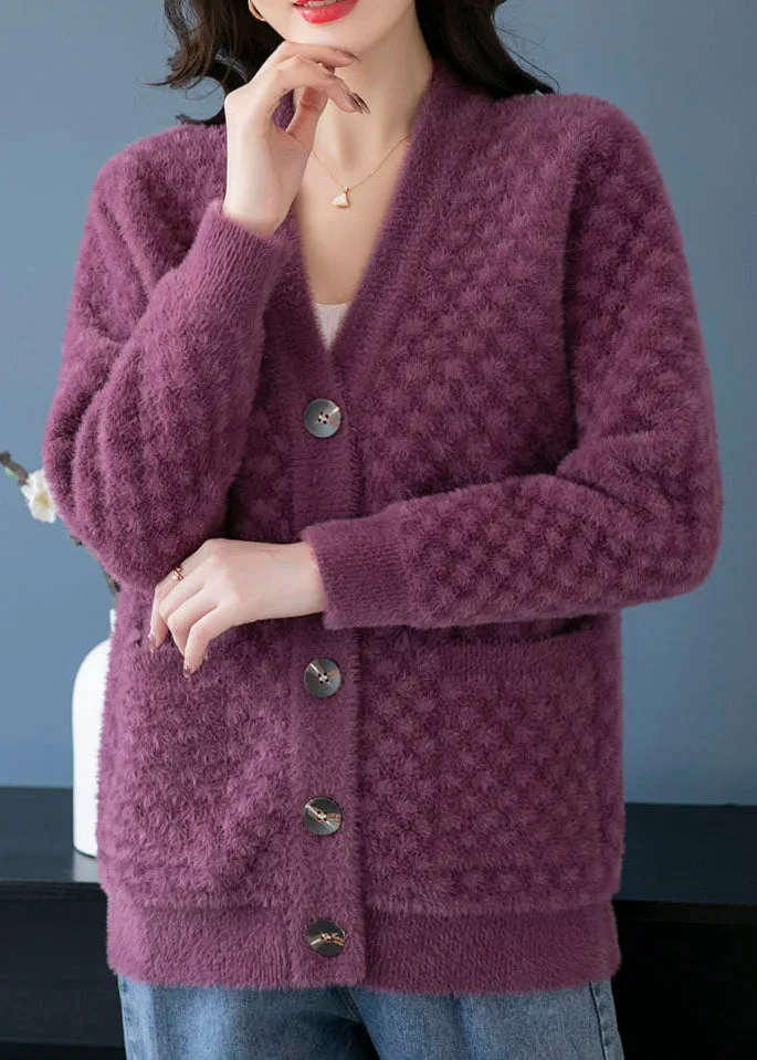 Beautiful Purple V Neck Pockets Patchwork Mink Hair Knitted Coats Fall LY9186