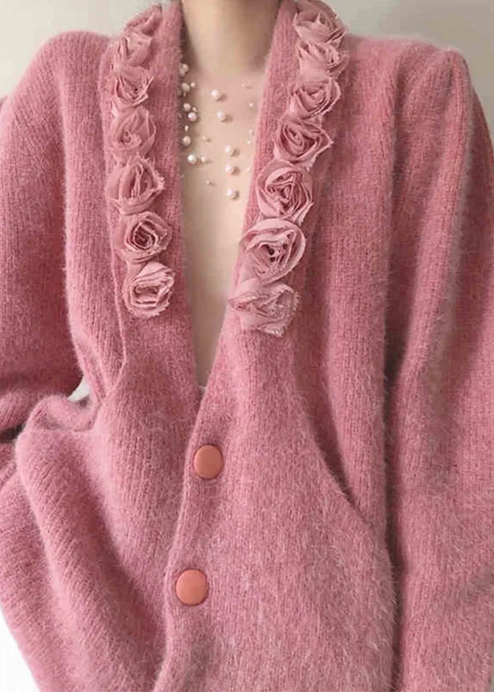 Bohemian Pink V Neck Button Patchwork Knitted Cotton Coat Fall ML1796