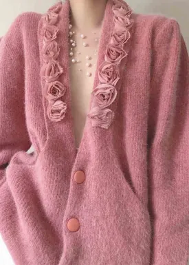 Bohemian Pink V Neck Button Patchwork Knitted Cotton Coat Fall ML1796