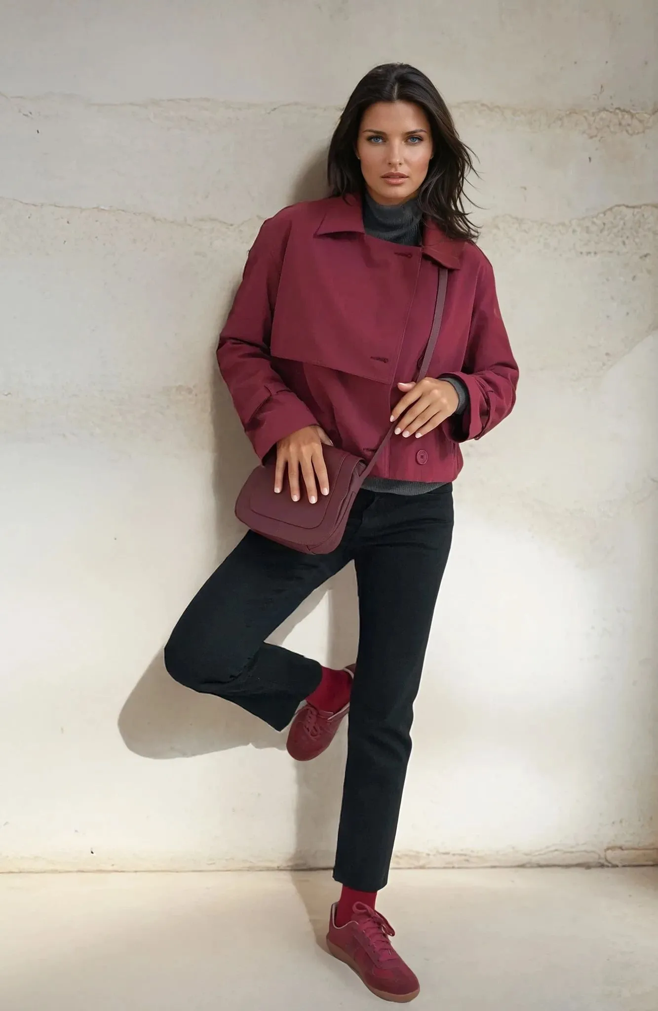 Burgundy Cropped Trench Coat