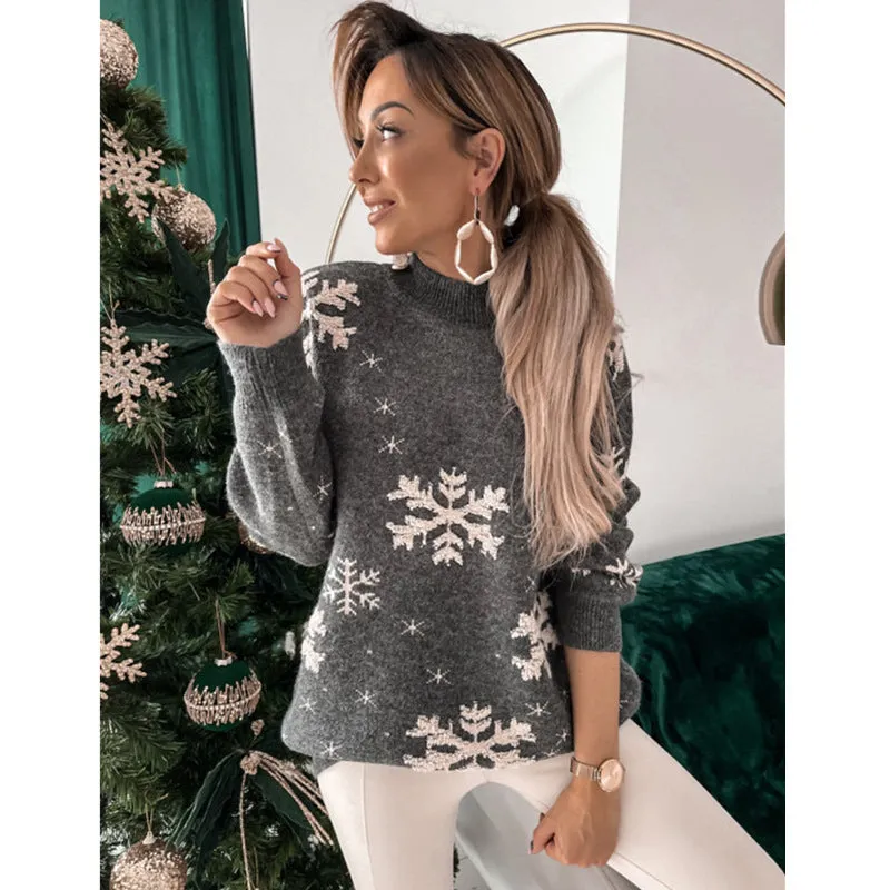 Christmas Sweater Knitted Fluffy Loose Casual  Snowflake Print Long Sleeves Pullover