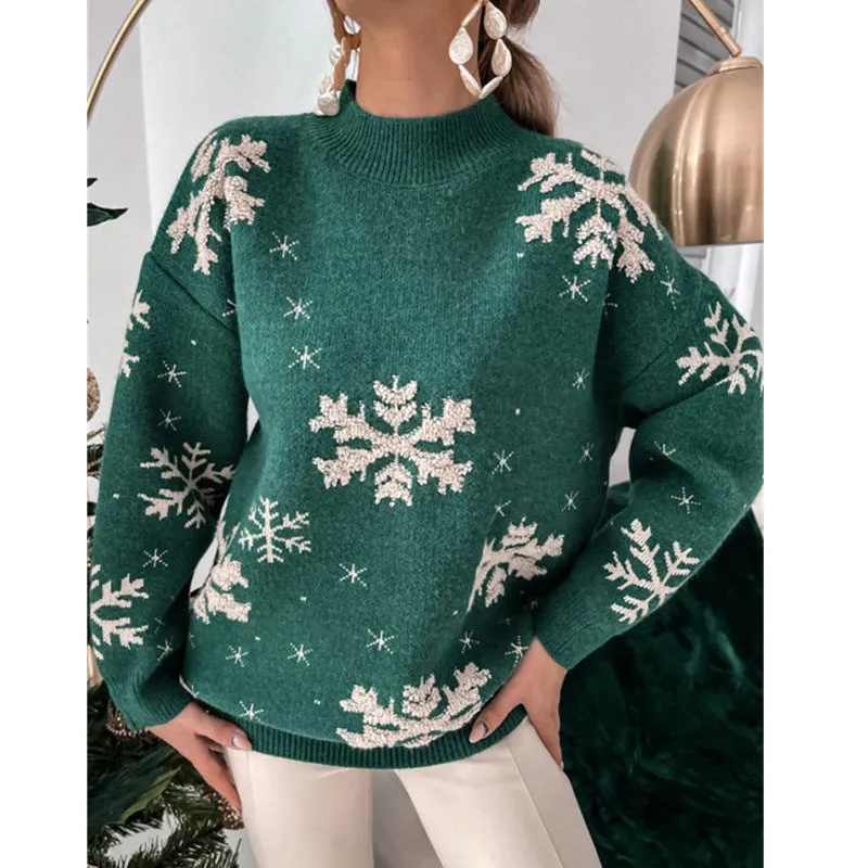 Christmas Sweater Knitted Fluffy Loose Casual  Snowflake Print Long Sleeves Pullover