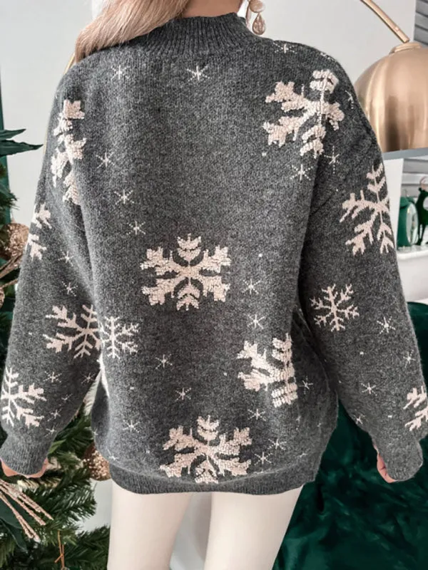 Christmas Sweater Knitted Fluffy Loose Casual  Snowflake Print Long Sleeves Pullover