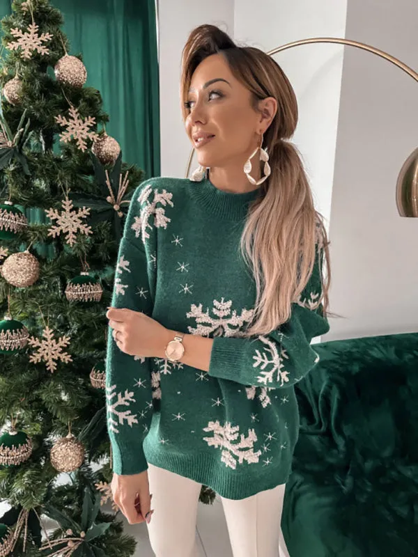 Christmas Sweater Knitted Fluffy Loose Casual  Snowflake Print Long Sleeves Pullover