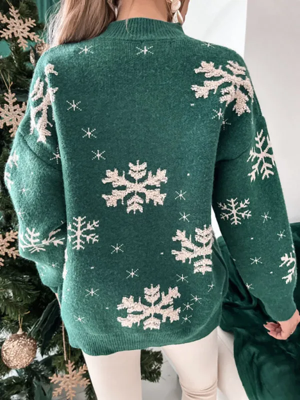 Christmas Sweater Knitted Fluffy Loose Casual  Snowflake Print Long Sleeves Pullover