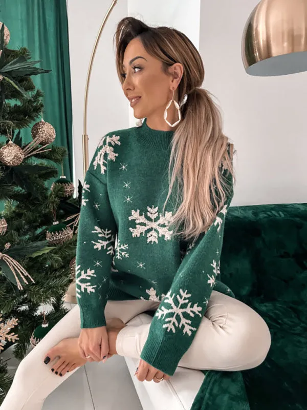 Christmas Sweater Knitted Fluffy Loose Casual  Snowflake Print Long Sleeves Pullover