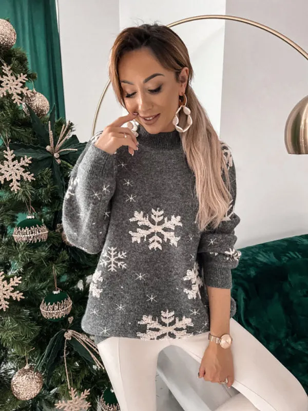 Christmas Sweater Knitted Fluffy Loose Casual  Snowflake Print Long Sleeves Pullover