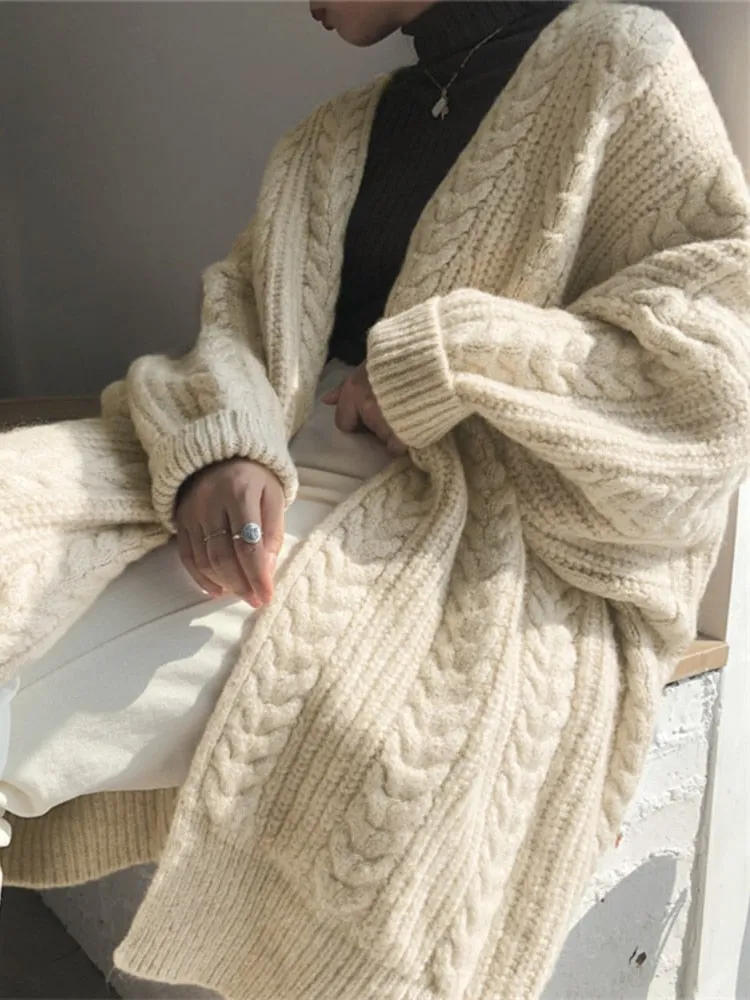 FashionSierra - Winter Medium Length Knitted Cardigan Thickened Loose Fried Dough Twist Sweater