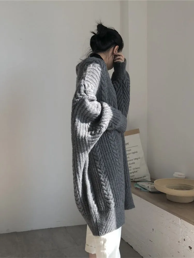 FashionSierra - Winter Medium Length Knitted Cardigan Thickened Loose Fried Dough Twist Sweater