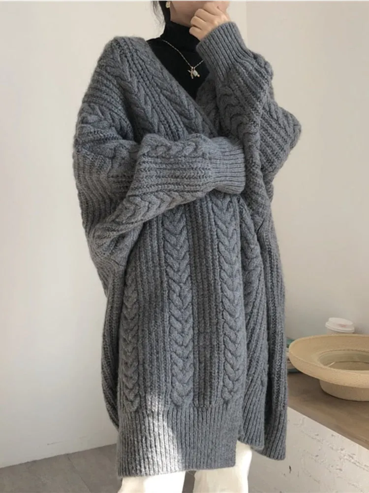 FashionSierra - Winter Medium Length Knitted Cardigan Thickened Loose Fried Dough Twist Sweater