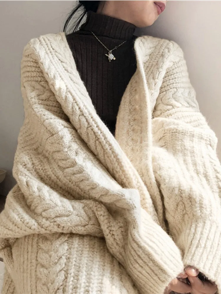 FashionSierra - Winter Medium Length Knitted Cardigan Thickened Loose Fried Dough Twist Sweater