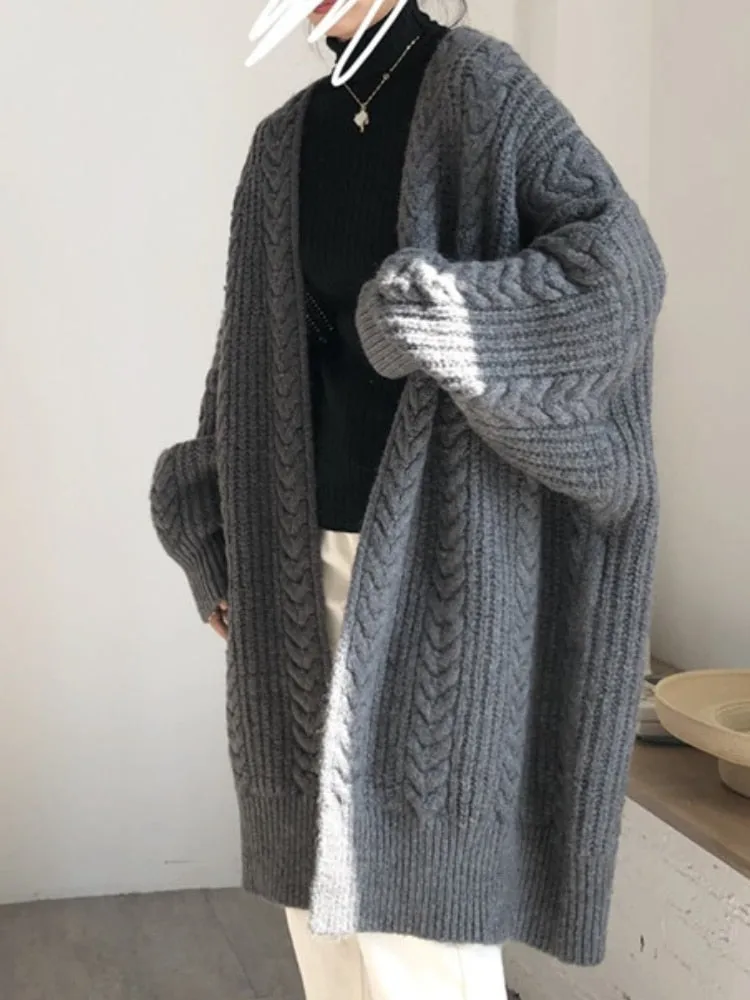 FashionSierra - Winter Medium Length Knitted Cardigan Thickened Loose Fried Dough Twist Sweater