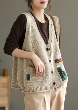 French Beige V Neck Button Pockets Cotton Knit Waistcoat Sleeveless ML3375