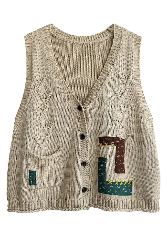 French Beige V Neck Button Pockets Cotton Knit Waistcoat Sleeveless ML3375