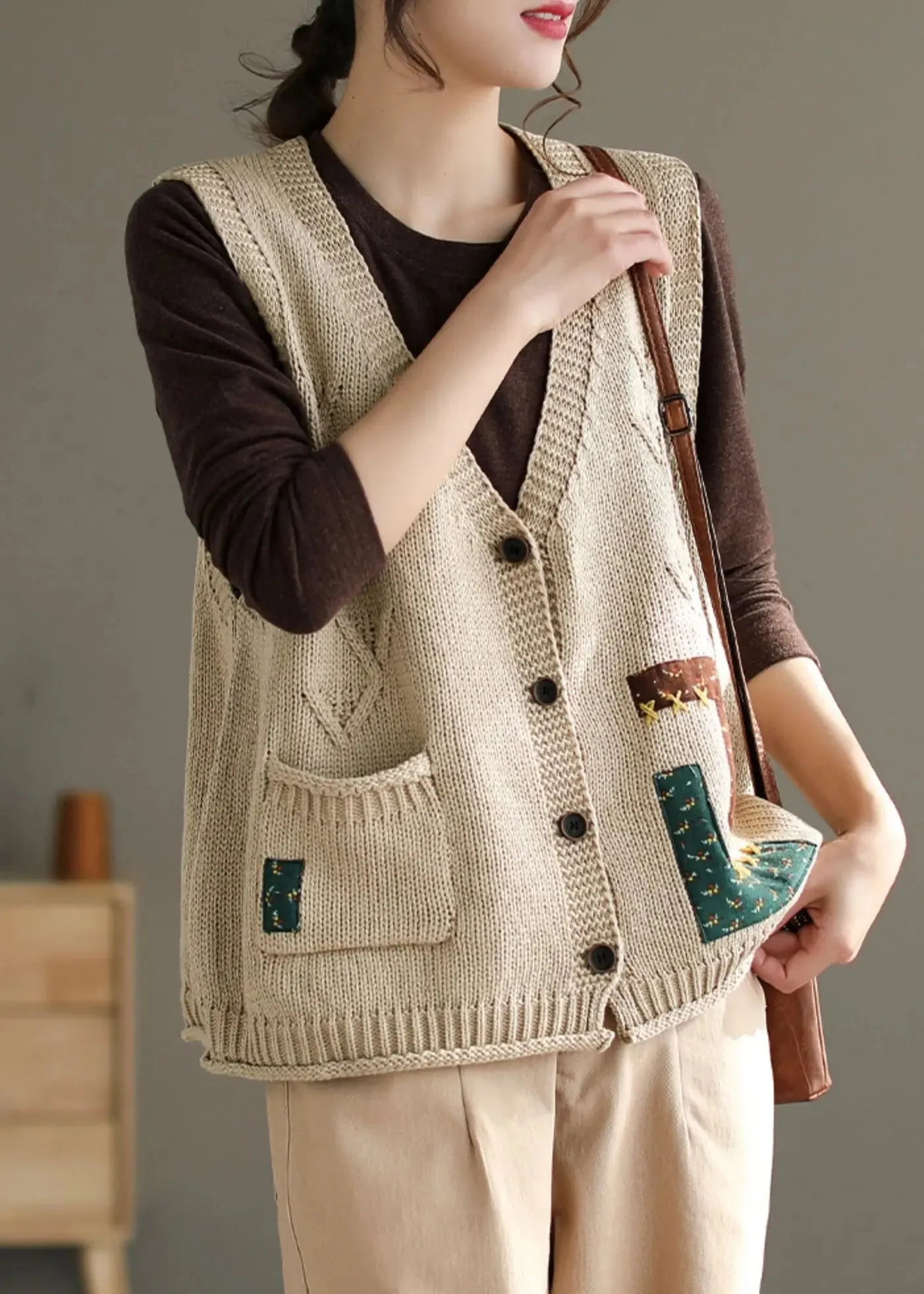 French Beige V Neck Button Pockets Cotton Knit Waistcoat Sleeveless ML3375