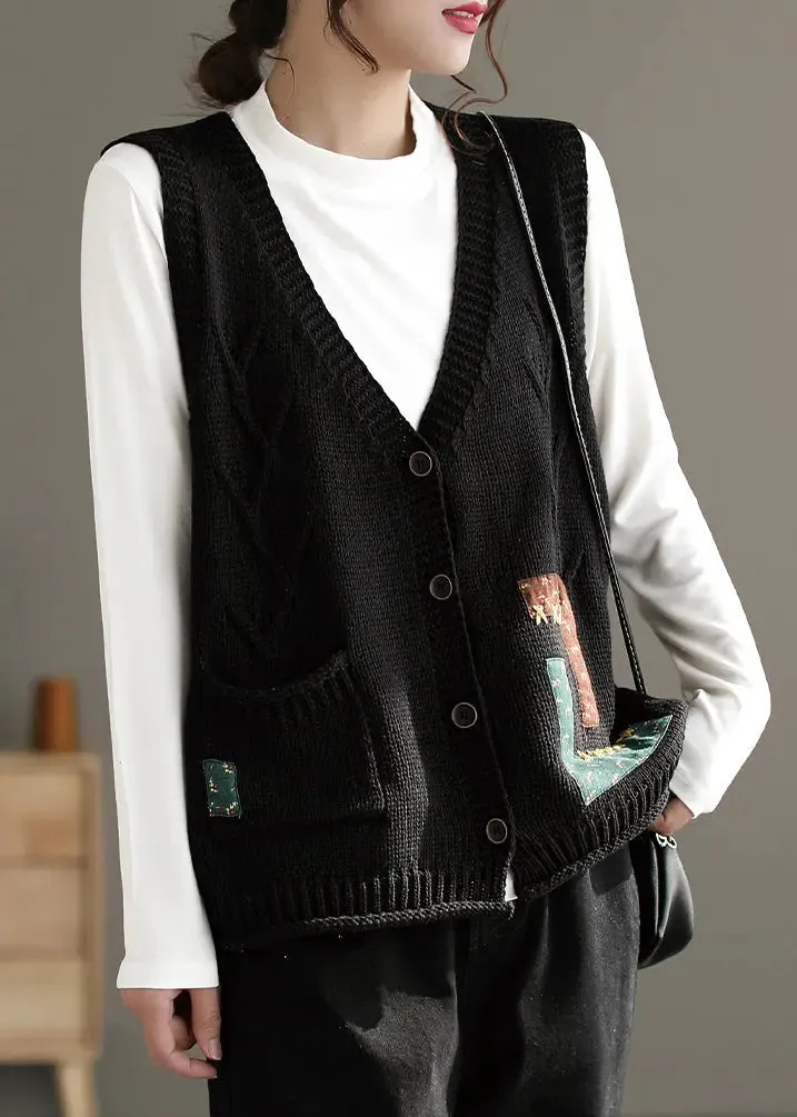 French Beige V Neck Button Pockets Cotton Knit Waistcoat Sleeveless ML3375