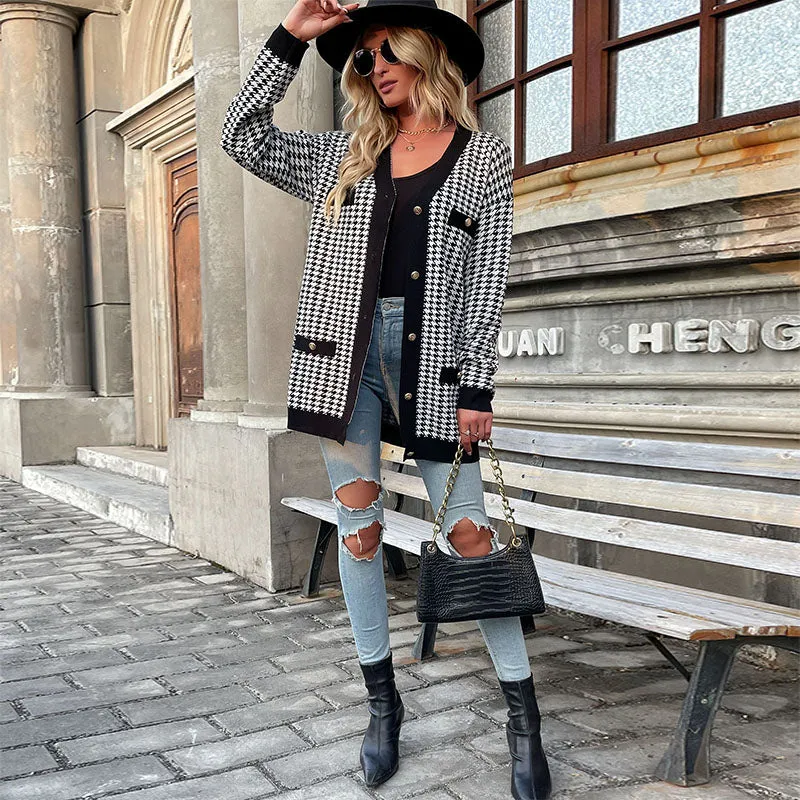 Houndstooth Button Down Cardigan: Loose Fit,  Drop Shoulders, Pockets