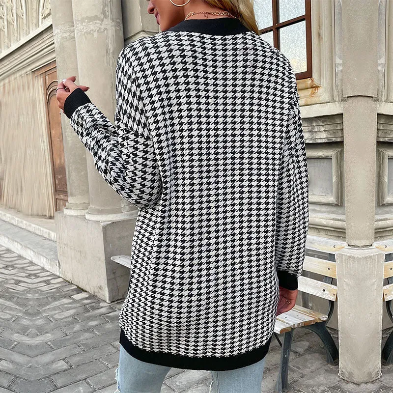Houndstooth Button Down Cardigan: Loose Fit,  Drop Shoulders, Pockets