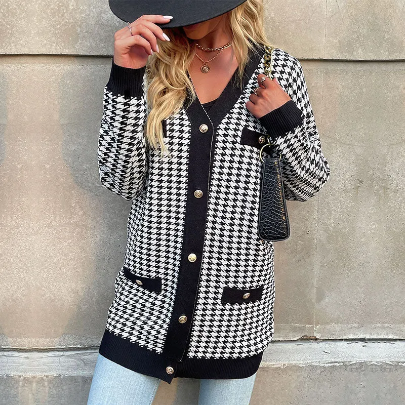Houndstooth Button Down Cardigan: Loose Fit,  Drop Shoulders, Pockets