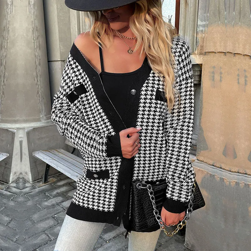 Houndstooth Button Down Cardigan: Loose Fit,  Drop Shoulders, Pockets