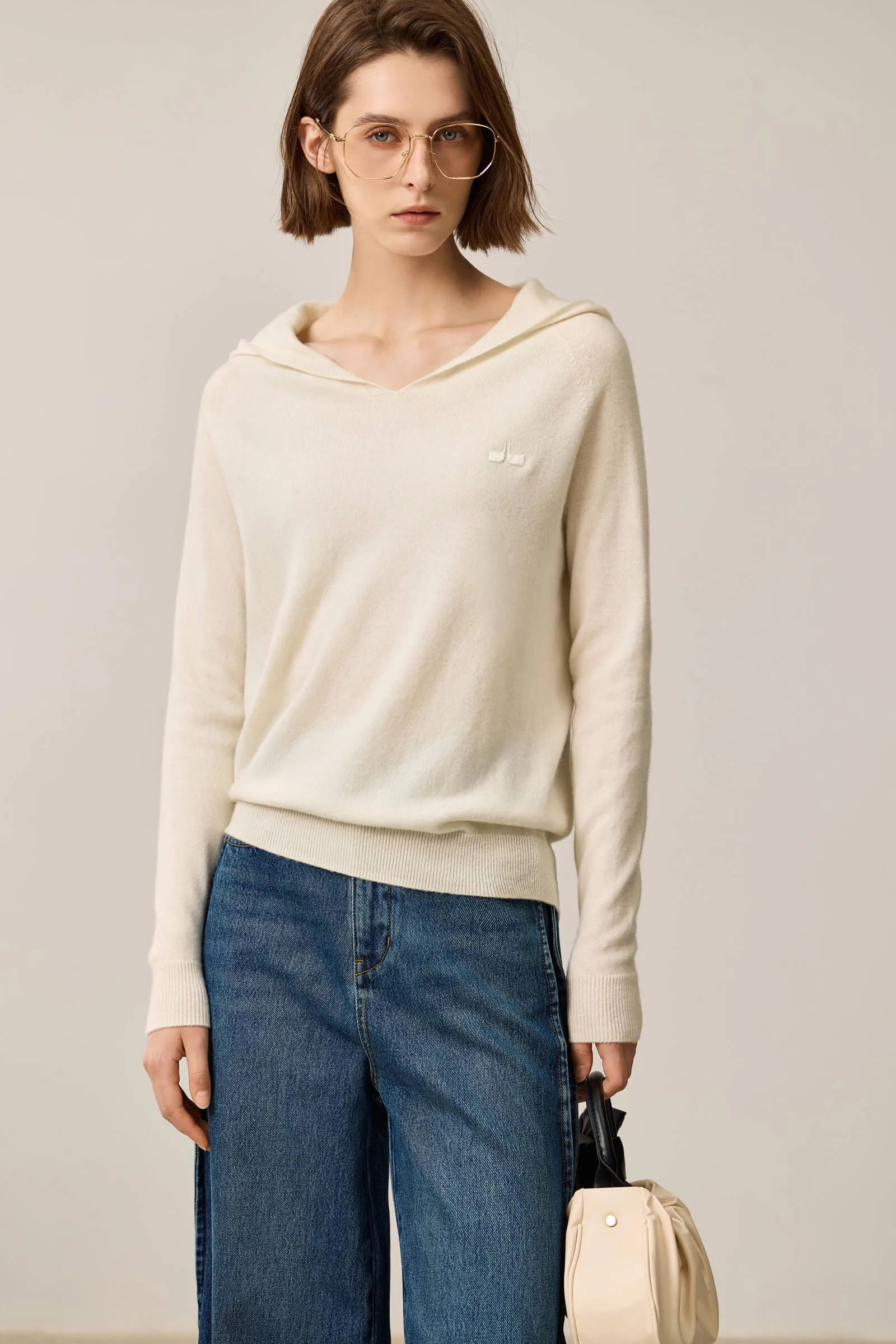 LILY Merino Wool V-Neck Hooded Sweater