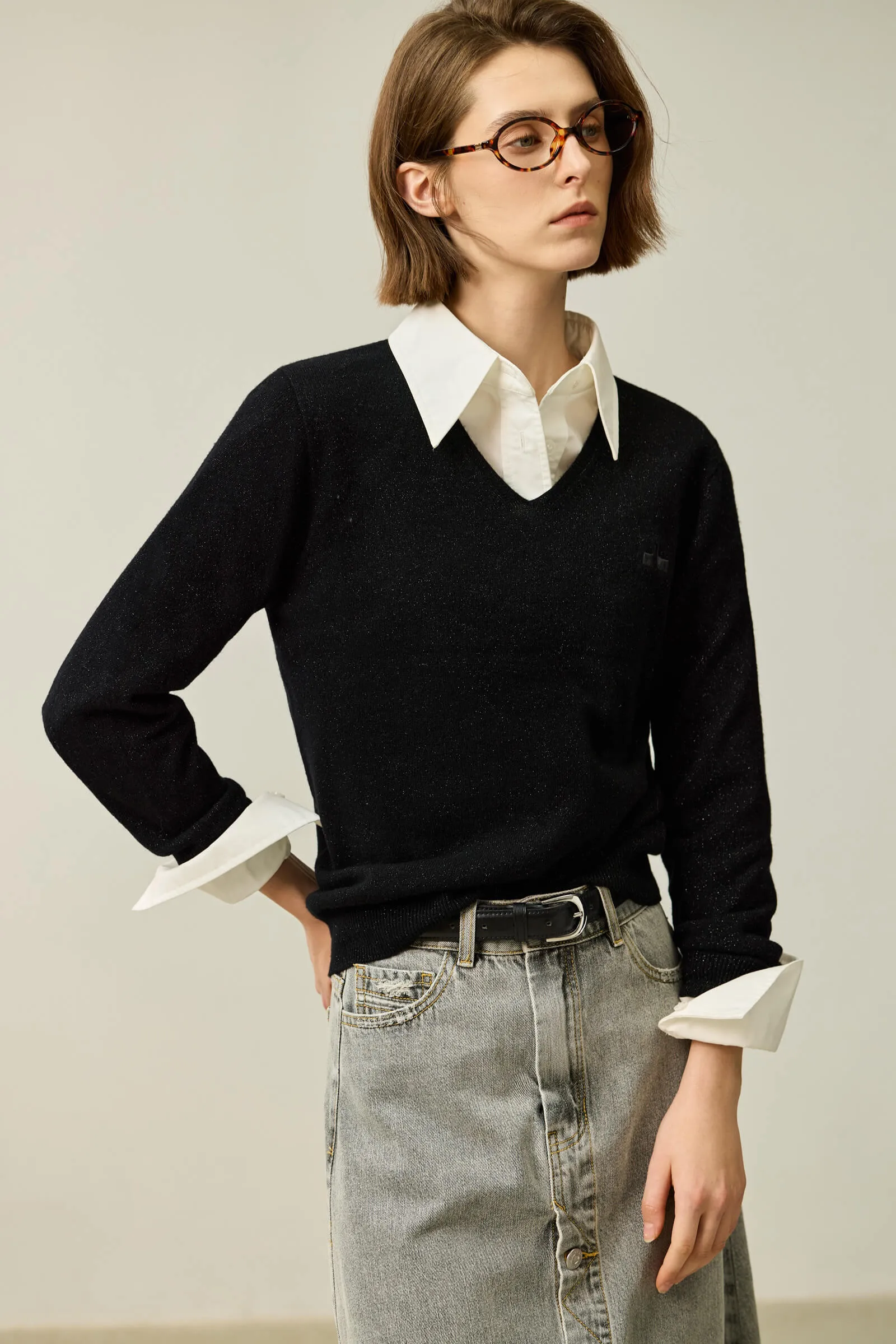 LILY Merino Wool V-Neck Knit Sweater