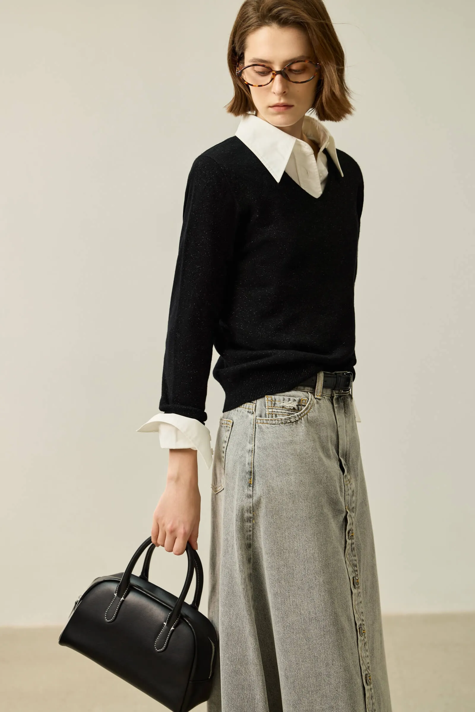 LILY Merino Wool V-Neck Knit Sweater
