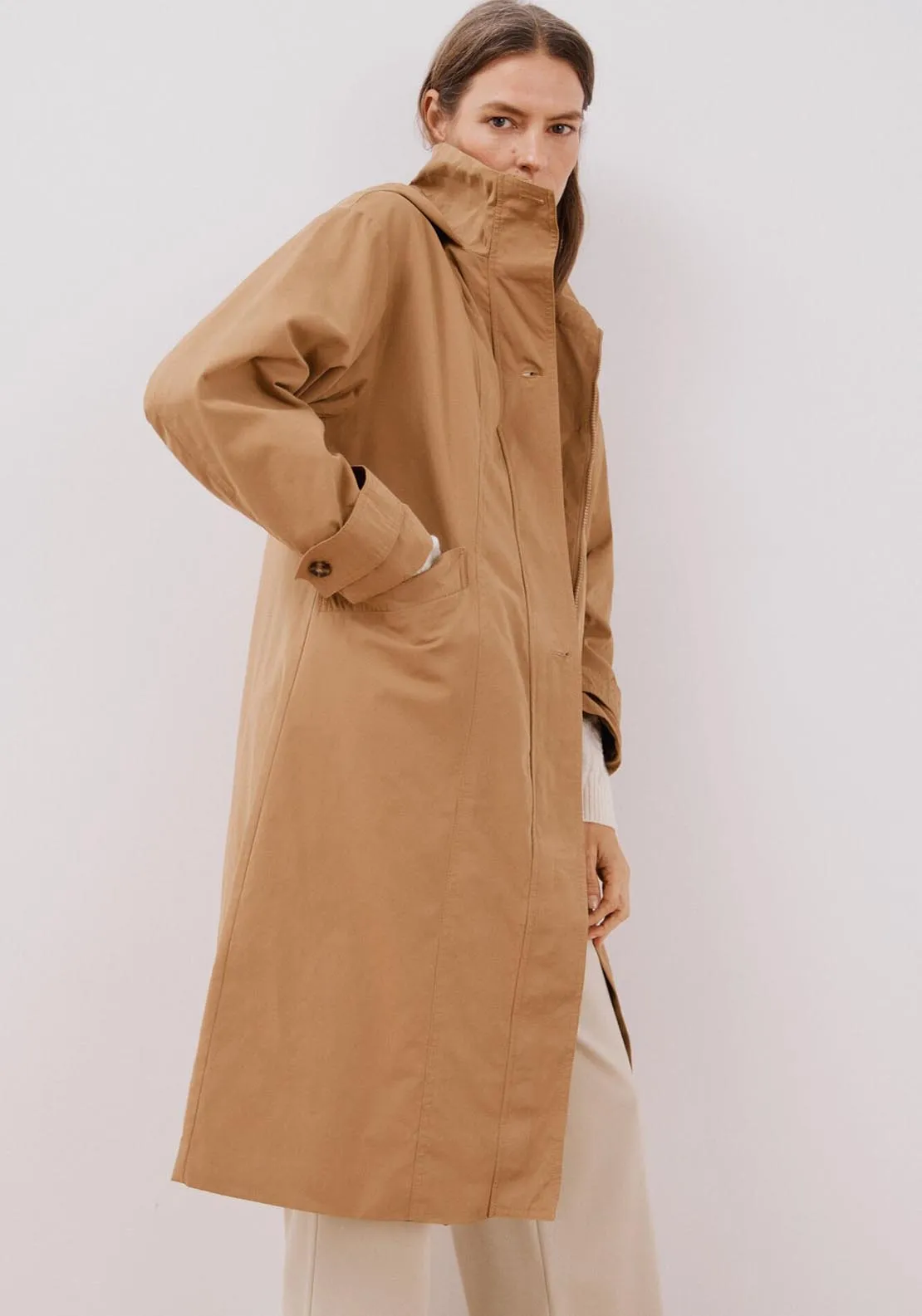 Long Hooded Trench Coat - Toasted Print