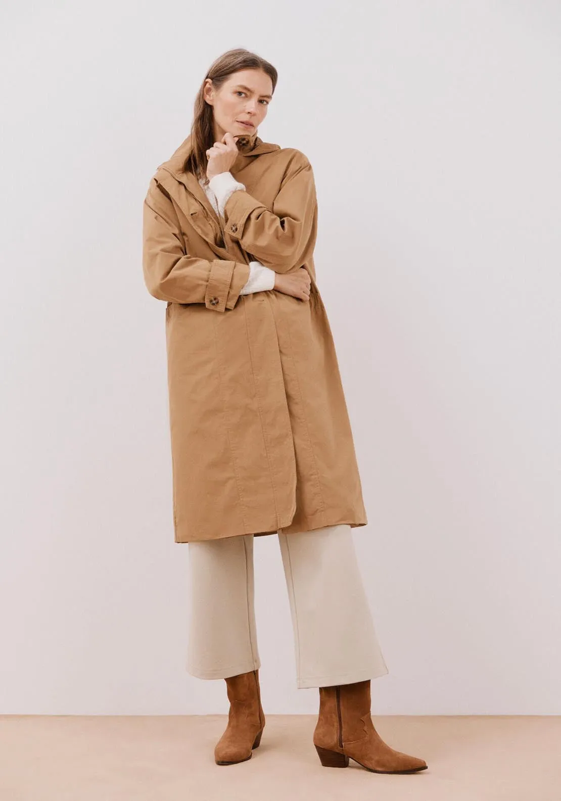 Long Hooded Trench Coat - Toasted Print
