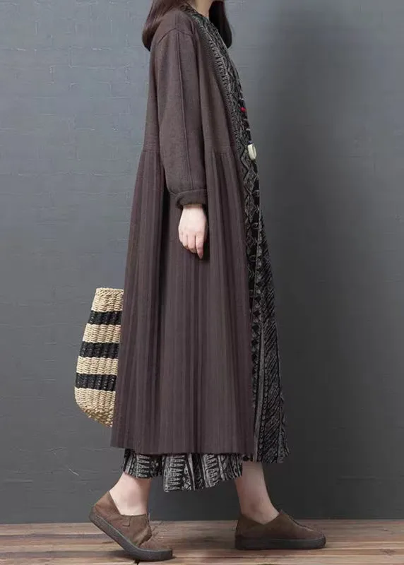 Loose Coffee Wrinkled Patchwork Knitted Long Cardigan Fall