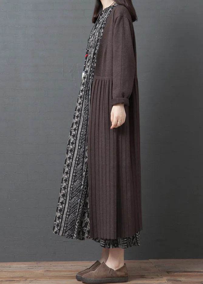 Loose Coffee Wrinkled Patchwork Knitted Long Cardigan Fall