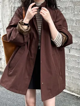 Pockets Solid Color Long Sleeves Loose Stand Collar Trench Coats Outerwear
