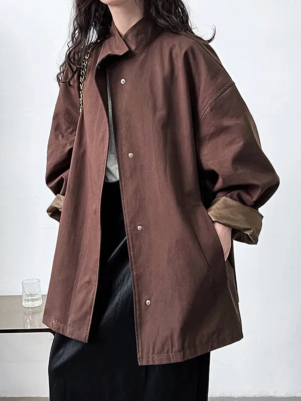 Pockets Solid Color Long Sleeves Loose Stand Collar Trench Coats Outerwear