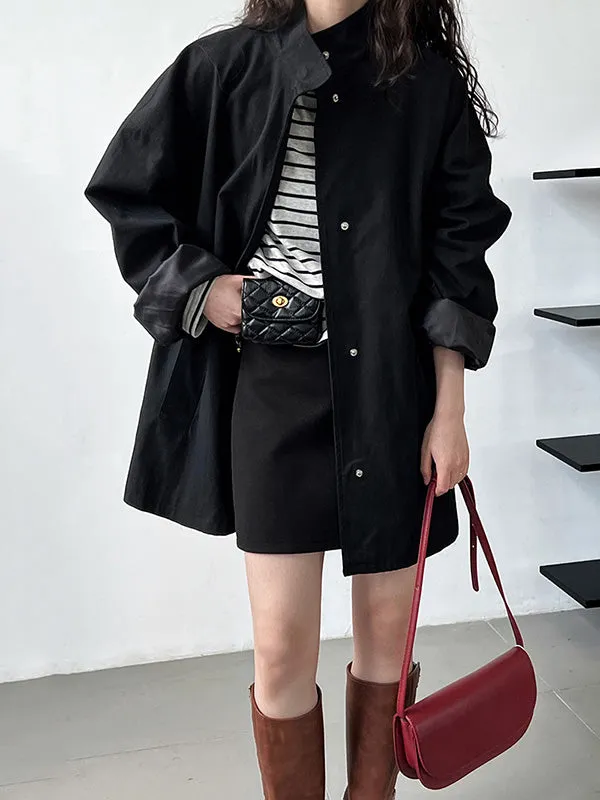Pockets Solid Color Long Sleeves Loose Stand Collar Trench Coats Outerwear