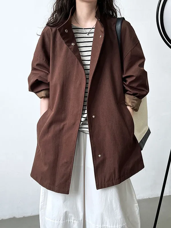 Pockets Solid Color Long Sleeves Loose Stand Collar Trench Coats Outerwear