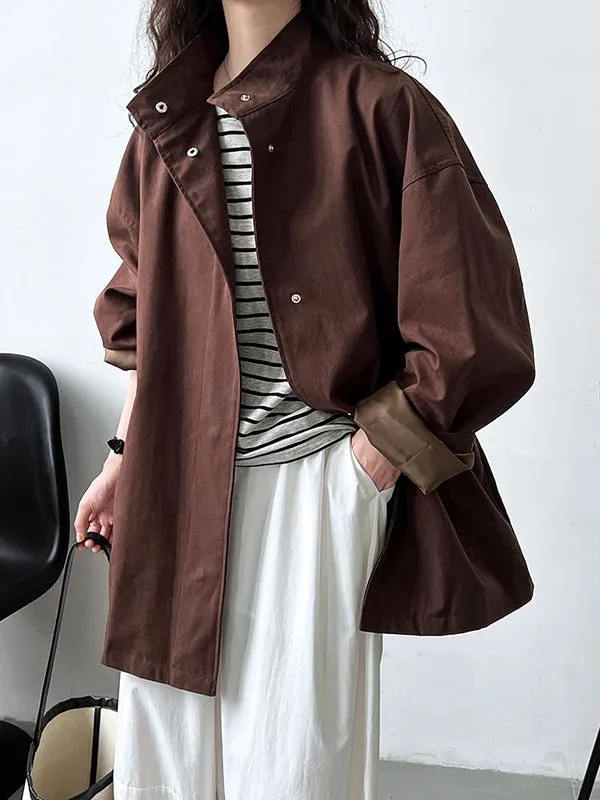 Pockets Solid Color Long Sleeves Loose Stand Collar Trench Coats Outerwear