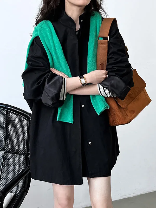 Pockets Solid Color Long Sleeves Loose Stand Collar Trench Coats Outerwear