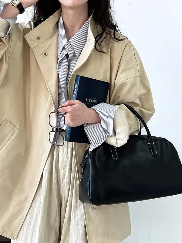 Pockets Solid Color Long Sleeves Loose Stand Collar Trench Coats Outerwear