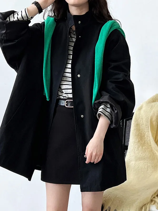 Pockets Solid Color Long Sleeves Loose Stand Collar Trench Coats Outerwear