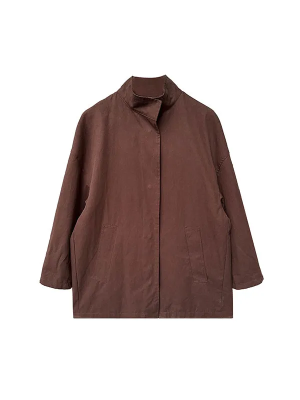 Pockets Solid Color Long Sleeves Loose Stand Collar Trench Coats Outerwear