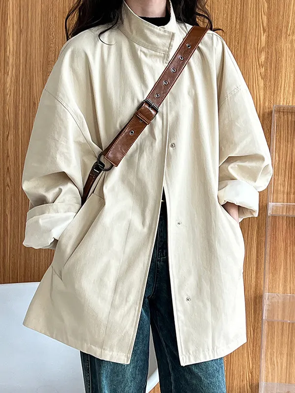 Pockets Solid Color Long Sleeves Loose Stand Collar Trench Coats Outerwear