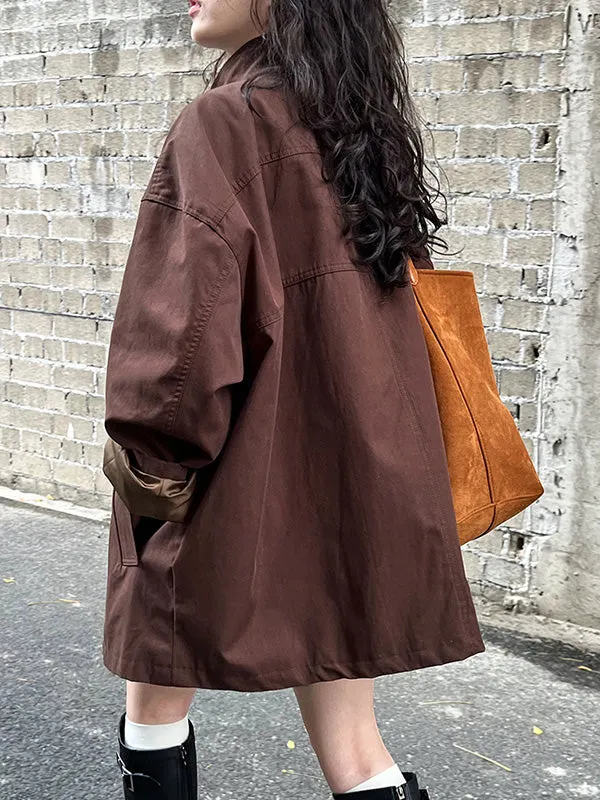 Pockets Solid Color Long Sleeves Loose Stand Collar Trench Coats Outerwear